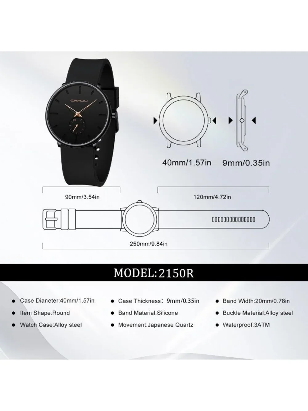 Crrju Mens Black Rose Stylish Waterproof Quartz Unisex Ultra Silicone Band Watch